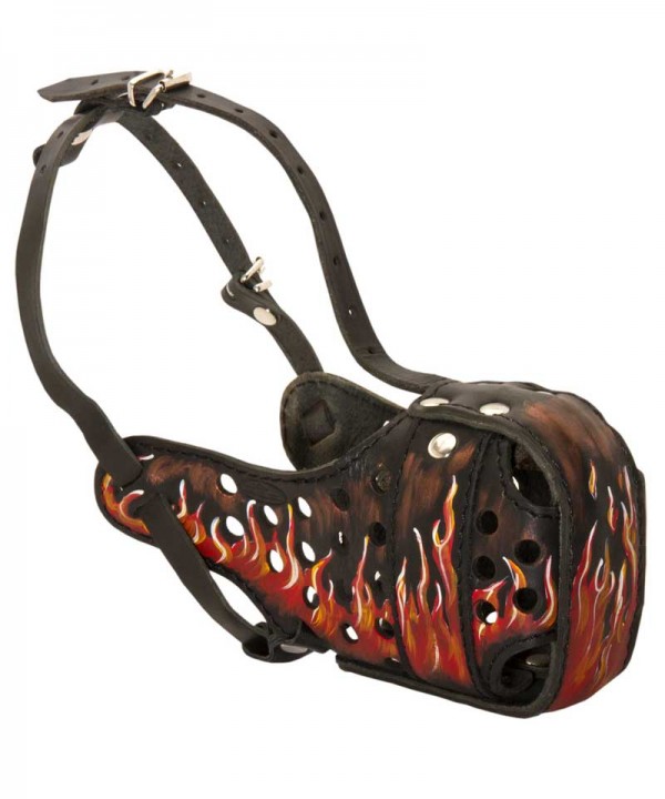 Leather Siberian Husky Muzzle with Handmade Flamed Painting - Click Image to Close